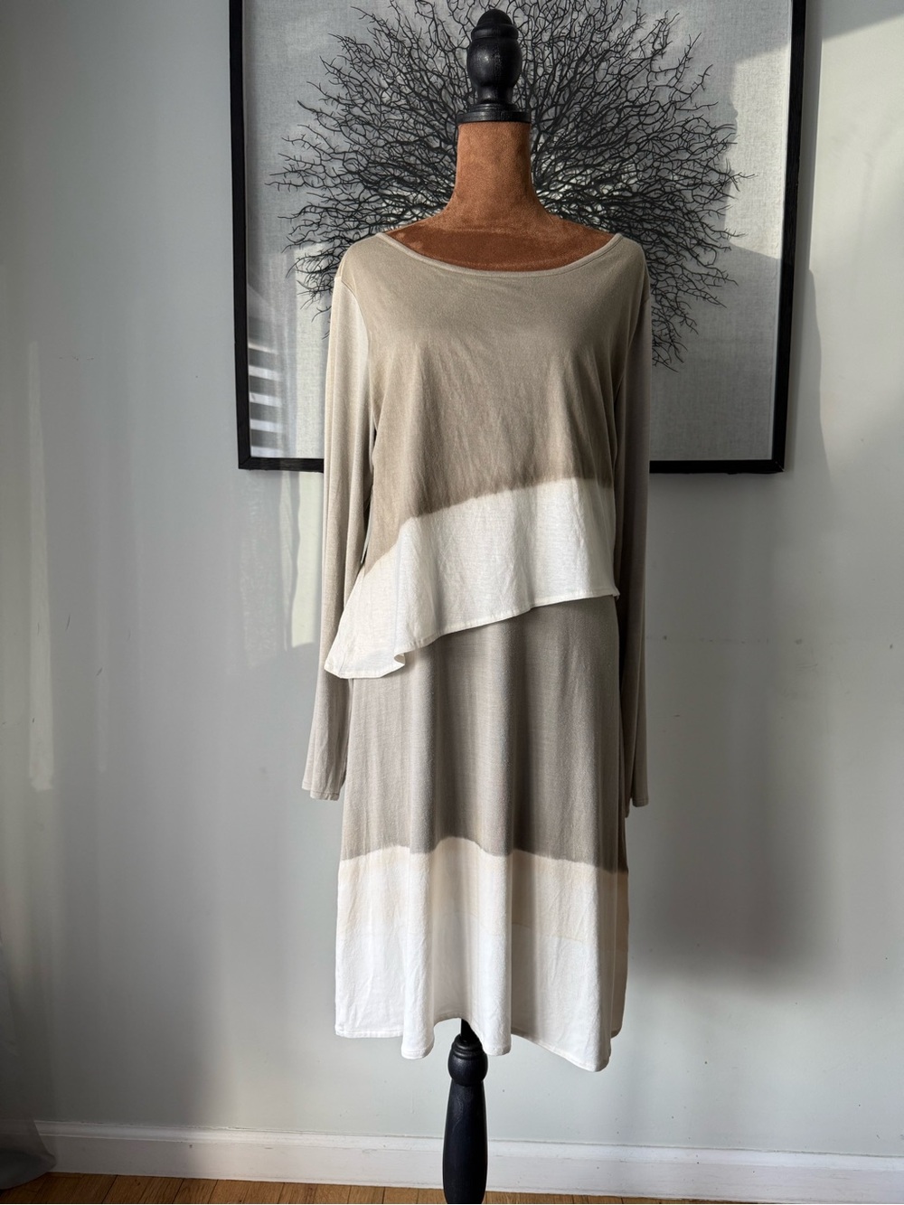 Avni Taupe and White Layered Long-Sleeve Dress 100% Knit Bamboo India
